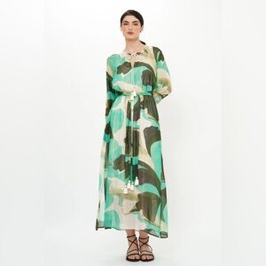 NWT Oliphant Green Floral Ginkgo Metallic Long Sleeve Shift Maxi Dress, Size L